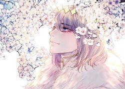 Rule 34 | 1boy, blue eyes, cape, cherry blossoms, closed mouth, diamond hairband, fate/grand order, fate (series), from side, fur-trimmed cape, fur trim, grey eyes, jamong120, korean commentary, long eyelashes, male focus, oberon (fate), portrait, short hair, solo, white background