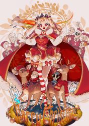 Rule 34 | 1girl, :d, absurdres, blonde hair, breasts, cape, christmas, christmas ornaments, cleavage, cloak, commentary, deer, dress, english commentary, ereshkigal (fate), fake antlers, fate/grand order, fate (series), fur-trimmed cape, fur trim, highres, long hair, looking at viewer, medium breasts, merry christmas, mittens, monkey jon, open mouth, red cape, red dress, red eyes, sheep, short dress, single thighhigh, skeleton, smile, striped clothes, striped thighhighs, thighhighs, tiara