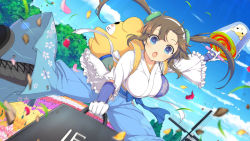 Rule 34 | 1girl, backpack, bag, bell, blue eyes, blunt bangs, boots, bracelet, breasts, brown hair, bucket, dress, frills, gloves, hair ornament, hairband, holding, japanese clothes, jewelry, kimono, large breasts, light brown hair, looking at viewer, minori (senran kagura), official art, sash, senran kagura, senran kagura new link, short twintails, solo, thighhighs, tree, twintails, wind, wind lift, yaegashi nan