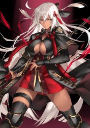 Rule 34 | 1girl, ahoge, arm guards, black bow, black coat, bow, cleavage cutout, clothing cutout, coat, commentary request, dark-skinned female, dark skin, fate/grand order, fate (series), gradient background, hair between eyes, hair bow, high collar, highres, holding, holding sword, holding weapon, karlwolf, katana, okita souji (fate), okita souji (koha-ace), okita souji alter (fate), purple background, solo, sword, tassel, thigh strap, weapon, white eyes, white hair
