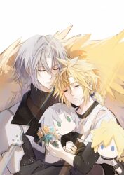 Rule 34 | 2boys, aged down, armor, black coat, black shirt, blonde hair, blue eyes, bouquet, chocobo, closed eyes, cloud strife, coat, cuddling, final fantasy, final fantasy vii, final fantasy vii ever crisis, final fantasy vii remake, flower, green eyes, grey hair, hair between eyes, hair tie, highres, holding, holding bouquet, low ponytail, male focus, mikatsukikuroba, multiple boys, parted bangs, parted lips, sephiroth, shirt, shirt under shirt, shoulder armor, sleeping, spiked hair, stuffed toy, turtleneck, white background, white shirt, yaoi