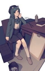 Rule 34 | 1girl, absurdres, animal ears, black skirt, book, bottle, bow, bowtie, brown footwear, cat ears, collared shirt, dated, drawing board, elbows on table, eraser, full body, green bow, green bowtie, green hair, green jacket, head rest, highres, jacket, kofi-mo, long hair, miniskirt, on chair, original, pencil, school uniform, shirt, sitting, sketch, skirt, smile, socks, solo, table, trash can, white background, white shirt, white socks