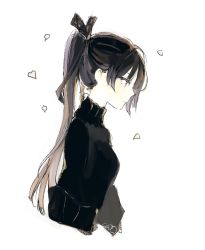 Rule 34 | 1girl, black hair, black sweater, closed mouth, falling petals, from side, long hair, lpip, original, petals, ponytail, profile, simple background, solo, sweater, symbol-only commentary, turtleneck, turtleneck sweater, upper body, white background