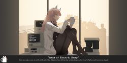 Rule 34 | 1girl, absurdres, animal ear fluff, animal ears, black pantyhose, black shirt, closed mouth, coffee cup, coffee maker, computer, cup, disposable cup, english text, from side, girls&#039; frontline, girls&#039; frontline neural cloud, highres, holding, holding cup, long hair, looking down, no shoes, pantyhose, persica (girls&#039; frontline), persicaria (neural cloud), pink hair, robe, salty eyes, shirt, simple background, sitting, solo, turtleneck, white robe