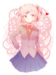 Rule 34 | 1girl, doki doki literature club, frown, hand on own hip, highres, natsuki (doki doki literature club), outline, pink eyes, pink hair, school uniform, short hair, solo, two side up, white outline