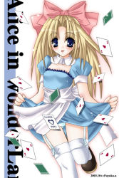 Rule 34 | 1girl, ace (playing card), ace of hearts, alice (alice in wonderland), alice in wonderland, blonde hair, card, clothes lift, dress, dress lift, garter belt, heart, lingerie, panties, playing card, ribbon, skirt, skirt lift, solo, thighhighs, underwear