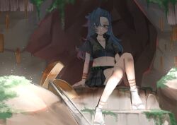 1girl absurdres bike_shorts black_shirt black_shorts black_skirt blue_hair cave closed_mouth collarbone commentary crop_top english_commentary highres himemushi_momoyo long_hair looking_at_viewer midriff navel no_noru pickaxe pleated_skirt shirt short_sleeves shorts shovel sitting skirt solo stairs touhou