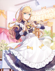 Rule 34 | 1girl, :o, alternate costume, apron, banner, black dress, blonde hair, chair, commentary request, copyright notice, cowboy shot, dress, enmaided, frilled apron, frilled dress, frills, green eyes, happy birthday, heart, heart hands, indoors, kumagaya takuma, long hair, looking at viewer, maid, maid headdress, noripro, official art, okanoyuno, puffy sleeves, solo, spotlight, table, virtual youtuber, waist apron, white apron, window