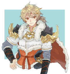 Rule 34 | 1boy, abuku, armor, blonde hair, closed mouth, commentary request, cropped torso, detached sleeves, gold trim, hand on own hip, male focus, reinhard (rune factory), rune factory, rune factory 5, smile, solo, upper body, yellow eyes