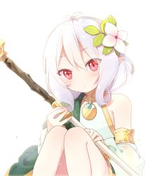 Rule 34 | 1girl, antenna hair, bad id, bad pixiv id, bare shoulders, collar, detached sleeves, kokkoro (princess connect!), looking at viewer, pointy ears, princess connect!, red eyes, sal gun, simple background, sitting, solo, staff, wet, wet hair, white background, white hair