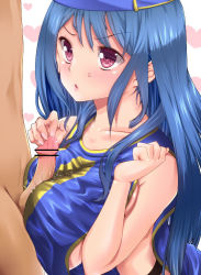 Rule 34 | 1girl, amasora taichi, blue eyes, blue hat, blue tabard, blush, breasts, censored, chunsoft, dragon quest, dragon quest iii, enix, hat, large breasts, long hair, naked tabard, open mouth, paizuri, paizuri over clothes, penis, pink eyes, pointless censoring, priest (dq3), solo focus, sweat, tabard