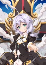 Rule 34 | 1girl, alternate eye color, black dress, blue sky, closed mouth, cross (weapon), dress, gatou illust, green eyes, hand on own hip, highres, honkai (series), honkai impact 3rd, long hair, long sleeves, looking at viewer, nun, oath of judah, outdoors, pointing, pointing at viewer, side ponytail, sky, smoke, solo, theresa apocalypse, theresa apocalypse (valkyrie pledge), v-shaped eyebrows, white hair