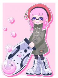 Rule 34 | 1girl, :d, beret, bloblobber (splatoon), border, braid, braided sidelock, bubble, coat, commentary request, full body, green coat, hat, high tops, highres, holding, holding weapon, inkling, inkling girl, inkling player character, long hair, nintendo, open mouth, outside border, pink background, pink hair, pointy ears, purple eyes, red hat, shoes, simple background, single braid, smile, sneakers, solo, splatoon (series), splatoon 3, standing, tentacle hair, tonbofree, weapon, white border, white footwear