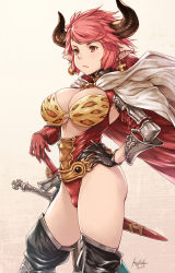 Rule 34 | 1girl, artist name, asymmetrical gloves, black gloves, black horns, black thighhighs, breasts, cape, cross, cross earrings, dated, draph, earrings, gloves, granblue fantasy, hand on own hip, horns, ivris, jewelry, large breasts, looking away, pointy ears, red eyes, red gloves, red hair, short hair, solo, standing, sturm (granblue fantasy), sword, thighhighs, thighs, uneven gloves, weapon