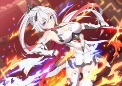 Rule 34 | 1girl, absurdres, bare shoulders, blue eyes, blue fire, boots, breasts, cleavage, closed mouth, fire, flaming sword, flaming weapon, hair between eyes, hair ornament, highres, holding, holding sword, holding weapon, honkai (series), honkai impact 3rd, huge filesize, kiana kaslana, kiana kaslana (herrscher of flamescion), long hair, looking at viewer, phantom racher, ponytail, smile, solo, sword, thigh boots, thighhighs, v-shaped eyebrows, weapon, white hair
