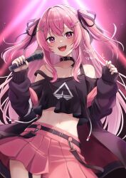 Rule 34 | 1girl, bare shoulders, belt, black choker, black jacket, black shirt, choker, commission, cowboy shot, crop top, crop top overhang, garter straps, hair ornament, hair ribbon, hairclip, hands up, highres, holding, holding microphone, indie virtual youtuber, jacket, long hair, long sleeves, looking at viewer, microphone, midriff, miniskirt, momoshiro hakuri, navel, off shoulder, open clothes, open jacket, open mouth, pink eyes, pink hair, pink skirt, pleated skirt, ribbon, shirt, skeb commission, skirt, smile, solo, standing, stomach, strap slip, two side up, virtual youtuber, yoshiki1020