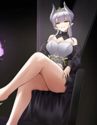 Rule 34 | 1girl, bare legs, bare shoulders, black collar, black footwear, black jacket, black skirt, black sleeves, breasts, cleavage, collar, dark persona, demon girl, demon horns, detached collar, fire, grey hair, grey horns, grey nails, grin, haeil2, highres, horns, jacket, jewelry, large breasts, legs, lilpa, long hair, looking at viewer, miniskirt, official alternate costume, parted lips, pleated skirt, pointy ears, purple fire, ring, shirt, sitting, skirt, smile, smug, solo, strapless, strapless shirt, thighs, throne, tiara, virtual youtuber, waktaverse, yellow eyes