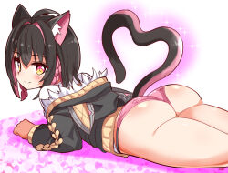 Rule 34 | 1girl, ahoge, animal ears, ass, black hair, black hoodie, braid, cat ears, cat girl, cat tail, closed mouth, commentary, cougar (cougar1404), from behind, hair intakes, heart, heart tail, hood, hoodie, leo (cougar1404), long sleeves, looking at viewer, looking back, lying, multicolored hair, no pants, off shoulder, on stomach, original, panties, pink panties, shirt, short hair, side braids, smile, solo, sparkle, string panties, symbol-only commentary, tail, twin braids, two-tone hair, underwear, wedgie, white shirt, yellow eyes