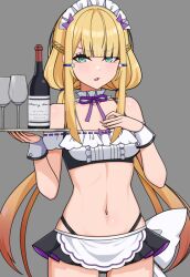 Rule 34 | 1girl, bikini, blonde hair, bottle, breasts, commentary request, cowboy shot, cup, detached collar, drinking glass, green eyes, grey background, holding, holding tray, long hair, looking at viewer, low twintails, maid, maid bikini, maid headdress, medium breasts, midriff, navel, open mouth, original, palenitre, sidelocks, simple background, small breasts, solo, stomach, swimsuit, tray, twintails, unconventional maid, wine bottle, wine glass, wrist cuffs