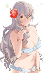 Rule 34 | 1girl, absurdres, alternate costume, bikini, blue nails, blush, breasts, closed mouth, collarbone, commentary request, corrin (female) (fire emblem), corrin (fire emblem), fingernails, fire emblem, fire emblem fates, flower, grey hair, hair between eyes, hair flower, hair ornament, hibiscus, highres, large breasts, long hair, looking at viewer, nail polish, navel, nintendo, orange eyes, pointy ears, red flower, simple background, solo, sou mei, stomach, swimsuit, very long hair, wavy hair, white background, white bikini
