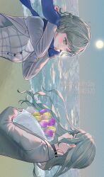 Rule 34 | 2girls, aqua eyes, aqua hair, bang dream!, beach, blue scarf, blush, bouquet, breasts, closed mouth, commentary request, day, floating hair, flower, grey jacket, happy birthday, highres, hikawa hina, hikawa sayo, holding, holding bouquet, jacket, korean commentary, long hair, long sleeves, looking at another, medium breasts, multiple girls, open clothes, open jacket, outdoors, scarf, shirt, short hair, siblings, sidelocks, sideways, sisters, twins, white shirt, zihacheol