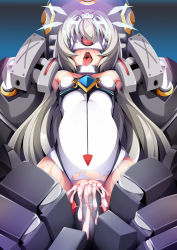 Rule 34 | 1girl, android, blindfold, breasts, clothed sex, cum, cum in pussy, cum inflation, elsword, eve (elsword), highres, inflation, machinery, restrained, skindentation, small breasts, solo, steelycross, thighs, tongue, tongue out, vaginal