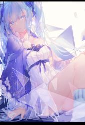 Rule 34 | 1girl, absurdres, arm support, blue bow, blue eyes, blue nails, bow, collarbone, dress, floating hair, fuyu no yoru miku, hair bow, hat, highres, letterboxed, long hair, momozi (mkingnight), nail polish, panties, short dress, silver hair, sitting, smile, solo, strapless, strapless dress, striped clothes, striped dress, twintails, underwear, vertical-striped clothes, vertical-striped dress, very long hair, vocaloid, white background, white dress, white panties
