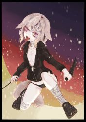 Rule 34 | 1girl, animal ears, bags under eyes, bandages, bandaged leg, bandages, black panties, breasts, domaso (sowdma2), dual wielding, female focus, highres, holding, holding weapon, hood, jacket, knife, original, panties, reverse grip, small breasts, solo, tail, tongue, tongue out, underwear, weapon