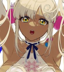 Rule 34 | 1girl, armpits, arms up, bare shoulders, blonde hair, blue ribbon, breasts, close-up, dark-skinned female, dark skin, dress, earrings, elbow gloves, eyelashes, fangs, gloves, hair ornament, hololive, hololive english, jewelry, large breasts, long hair, looking at viewer, mamaloni, neck ribbon, open mouth, parted bangs, planet hair ornament, portrait, ribbon, simple background, single earring, solo, tsukumo sana, tsukumo sana (1st costume), twintails, virtual youtuber, white background, white dress, white gloves, yellow eyes