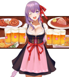 Rule 34 | 1girl, alcohol, alternate costume, bb (fate), bb (fate/extra), beer, beer mug, blush, breasts, cleavage, cup, fate/extra, fate/extra ccc, fate (series), food, fruit, hair ribbon, highres, large breasts, lemon, lemon slice, long hair, looking at viewer, meat, mug, one eye closed, open mouth, plate, purple eyes, purple hair, red ribbon, ribbon, sausage, smile, solo, tsuchifumazu, very long hair
