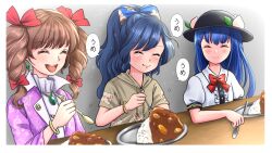 Rule 34 | 3girls, :d, blue hair, blush, border, bow, bowtie, brown hair, coat, commentary request, crying, drill hair, eating, flat chest, flying sweatdrops, happy, hat, high ponytail, hinanawi tenshi, holding, holding spoon, kyabekko, long hair, multiple girls, open mouth, purple coat, red bow, red bowtie, smile, spoon, table, touhou, twin drills, upper body, white border, yorigami jo&#039;on, yorigami shion