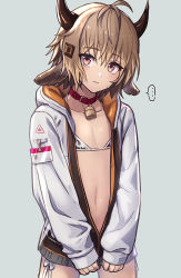 Rule 34 | ..., 1boy, ahoge, animal print, arknights, bad id, bad pixiv id, bell, bikini, bikini top only, bison (arknights), brown eyes, brown hair, closed mouth, collar, cow print, crossdressing, duplicate, grey background, jacket, long sleeves, looking at viewer, neck bell, ox ears, ox horns, pectorals, pixel-perfect duplicate, short hair, simple background, solo, swimsuit, trap, white bikini, white jacket, yoruhachi