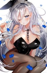 Rule 34 | 1girl, absurdres, alternate costume, animal ears, azur lane, belfast (azur lane), between legs, black leotard, black pantyhose, blue eyes, blush, braid, breasts, chain, cleavage, collar, collarbone, cup, detached collar, fake animal ears, fishnet pantyhose, fishnets, floating hair, french braid, hand between legs, highres, holding, holding cup, large breasts, leotard, long hair, looking at viewer, maid headdress, one eye closed, open mouth, pantyhose, petals, playboy bunny, pomu (pomu me), rabbit ears, rabbit tail, sidelocks, simple background, sitting, solo, tail, thighs, white background, wind, wrist cuffs