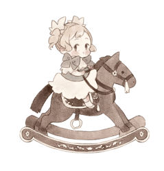 Rule 34 | aged down, ai-wa, blonde hair, blush, bow, child, dress, elise (fire emblem), fire emblem, fire emblem fates, from side, full body, hair ornament, highres, long sleeves, looking at viewer, nintendo, riding, rocking horse, shoes, short hair, sideways glance, simple background, socks, solo, twintails, white background, white dress, white footwear, white socks