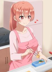 Rule 34 | 1girl, aged up, alternate hairstyle, apron, bento, blush, chopsticks, closed mouth, collarbone, commentary, dars (recolors), food, hair between eyes, highres, holding, holding chopsticks, housewife, indoors, kitchen, long hair, long sleeves, microwave, musical note, omelet, pink apron, pink hair, pink shirt, ponytail, red eyes, refrigerator, shirt, smile, solo, tamagoyaki, yahari ore no seishun lovecome wa machigatteiru., yuigahama yui