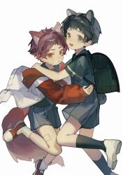 Rule 34 | 2boys, aqua eyes, backpack, bag, black hair, black shirt, black socks, blush, child, closed mouth, foot out of frame, from side, gauze on cheek, gauze on leg, grey shorts, hand on another&#039;s shoulder, hand on another&#039;s waist, highres, hug, jacket, knee up, kneehighs, light frown, looking at viewer, male focus, multicolored clothes, multicolored jacket, multiple boys, open clothes, open jacket, open mouth, original, randoseru, red eyes, red footwear, red hair, red jacket, shirt, short hair, short sleeves, shorts, simple background, smile, socks, tail, white background, white footwear, white jacket, white socks, wind, yuumii 0120