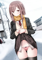 Rule 34 | 1girl, beige cardigan, black jacket, black skirt, black thighhighs, blazer, bow, bow panties, brown eyes, brown hair, building, car, cardigan, closed mouth, expressionless, floral print, highres, jacket, lifted by self, looking at viewer, mole, mole under eye, motor vehicle, navel, necktie, oouso, original, outdoors, overcast, panties, pleated skirt, power lines, print panties, red necktie, red panties, scarf, school uniform, shirt, sidelocks, skirt, sky, snow, solo, standing, swept bangs, thighhighs, underwear, utility pole, white shirt, white sky, yellow scarf