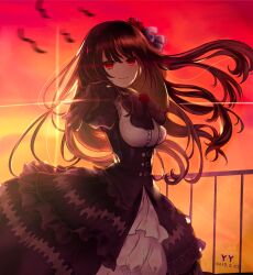 Rule 34 | 1girl, bird, black bow, black bowtie, black dress, bow, bowtie, breasts, brown hair, commentary request, date a live, dated, dress, gloves, gradient sky, highres, long hair, looking at viewer, medium breasts, outdoors, red eyes, signature, sky, solo, tokisaki kurumi, yy626123