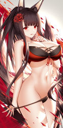 Rule 34 | 1girl, absurdres, akagi (azur lane), akagi (paradise amaryllis) (azur lane), an yasuri, animal ear fluff, animal ears, azur lane, bare arms, bare shoulders, bikini, bikini pull, black bikini, breasts, brown hair, cleavage, clothes pull, collarbone, cowboy shot, finger to mouth, fire, flower, fox ears, fox girl, fox tail, groin, hair flower, hair ornament, halterneck, halterneck, highres, large breasts, long hair, looking at viewer, mismatched bikini, multiple tails, navel, parted lips, ponytail, red bikini, red eyes, red flower, smile, solo, spider lily, standing, stomach, swimsuit, tail, very long hair
