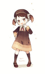 Rule 34 | 1girl, becky blackbell, black dress, black hair, black socks, character name, child, collared shirt, dress, eden academy school uniform, english text, engrish text, full body, gold trim, hair ornament, hair scrunchie, hairclip, hinata (echoloveloli), long sleeves, looking at viewer, medium dress, neck ribbon, ranguage, red ribbon, ribbon, school uniform, scrunchie, shirt, simple background, socks, solo, sparkle, spy x family, swept bangs, twintails, white background, white scrunchie