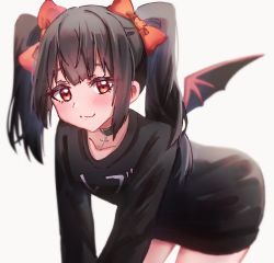 Rule 34 | 1girl, bat wings, black hair, black sweater, blush, choker, cross, cross necklace, fangs, female focus, hair ribbon, jewelry, karses, leaning forward, long sleeves, looking at viewer, necklace, red eyes, rev says desu, ribbon, smile, sweater, thighhighs, thighs, twintails, virtual youtuber, wings