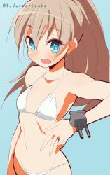 Rule 34 | 10s, 1girl, 9law, bad id, bad pixiv id, bikini, blue background, blue eyes, blush, breasts, brown hair, highres, kantai collection, kumano (kancolle), long hair, looking at viewer, open mouth, ponytail, small breasts, solo, swimsuit, twitter username, white bikini