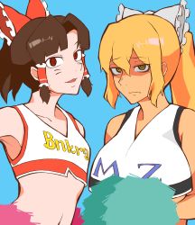 Rule 34 | 2girls, absurdres, alternate costume, benikurage (cookie), black hair, blonde hair, blue background, bow, breasts, cheerleader, closed mouth, clothes writing, commentary request, cookie (touhou), facial mark, flat chest, frilled hair tubes, frills, hair between eyes, hair bow, hair tubes, highres, iroha (nicoseiga97312726), large breasts, long hair, looking at viewer, mars (cookie), multiple girls, open mouth, parted bangs, pom pom (cheerleading), red bow, red eyes, ringed eyes, short hair, simple background, touhou, upper body, whisker markings, white bow, yellow eyes
