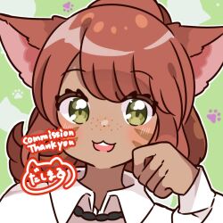 Rule 34 | 1girl, animal ears, commission, dasimaru000000, dot nose, english text, facial mark, female focus, green eyes, lilas ninii, looking at viewer, open mouth, paw print, red hair, signature, skeb commission, solo, teeth