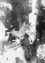 Rule 34 | 1girl, absurdres, alley, animal ears, blurry, bokeh, cityscape, commentary request, cowboy shot, depth of field, dress, flower, fur-trimmed vest, fur collar, fur trim, greyscale, highres, holo, ida rintarou, long dress, long hair, looking at viewer, monochrome, open mouth, outdoors, outstretched arm, plant, pouch, road, scenery, sett, solo, spice and wolf, street, tail, vest, wolf ears, wolf girl, wolf tail