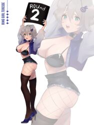 Rule 34 | 1girl, bikini, black bikini, black collar, blue eyes, blue footwear, blue jacket, blush, breasts, brown dust 2, brown thighhighs, character name, cleavage, collar, cropped jacket, czenithia, denim, denim shorts, english text, fishnet thighhighs, fishnets, from side, full body, grey hair, hair between eyes, high heels, highres, holding, holding sign, jacket, large breasts, looking at viewer, multiple views, open mouth, race queen, short hair, shorts, sign, simple background, stiletto heels, swimsuit, teeth, teresse (brown dust), thighhighs, twing glutti, upper teeth only, white background