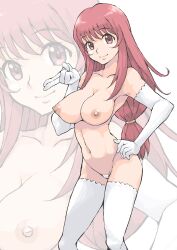 Rule 34 | 1girl, blowing kiss, breasts, brown eyes, brown hair, erica fontaine, gloves, hand on own hip, highres, large breasts, legs, long hair, looking at viewer, navel, nipples, sakura taisen, sega, smile, solo, thighhighs, thighs, thong, topless