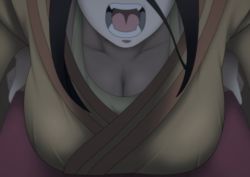 Rule 34 | 1girl, angry, bent over, black hair, boruto: naruto next generations, breasts, cleavage, downblouse, eeshin (eishin5584), hand on own hip, hanging breasts, head out of frame, huge breasts, hyuuga hanabi, japanese clothes, kimono, naruto, naruto (series), open mouth, pov, solo, teeth, tongue
