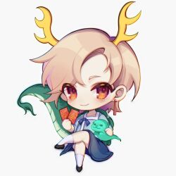 Rule 34 | 1girl, antlers, blue shirt, blue skirt, card, chibi, dragon girl, dragon horns, dragon tail, earrings, horns, jewelry, kicchou yachie, otter, otter spirit (touhou), shirt, shoes, simple background, skirt, socks, solo, tail, touhou, turtle shell, white background, white socks, wily beast and weakest creature, yellow horns, yinco