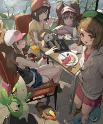 Rule 34 | &gt;:), 4girls, :&gt;, aqua eyes, arms on table, bag, baseball cap, beanie, beret, black hair, black legwear, black shirt, blue eyes, brown eyes, brown hair, cake, cardigan, chair, chopsticks, commentary, creatures (company), cup, denim, denim shorts, double bun, food, game freak, gen 5 pokemon, gen 7 pokemon, gen 8 pokemon, gloria (pokemon), green headwear, grey cardigan, hair bun, hand up, handbag, hat, high ponytail, highres, hilda (pokemon), holding, holding jar, ice cream, jar, legs, long hair, looking at viewer, meat, multiple girls, neg (101neg), nintendo, nose bubble, open mouth, pink skirt, plate, pokemon, pokemon (creature), pokemon bw, pokemon bw2, pokemon sm, pokemon swsh, ponytail, red headwear, rosa (pokemon), rowlet, selene (pokemon), shirt, shoes, short hair, short sleeves, shorts, sidelocks, sitting, skirt, sleeveless, sleeveless shirt, smile, snivy, sobble, standing, swept bangs, table, teacup, tepig, thighs, twintails, unworn bag, v-shaped eyebrows, visor cap, wristband, yellow eyes, yellow shirt